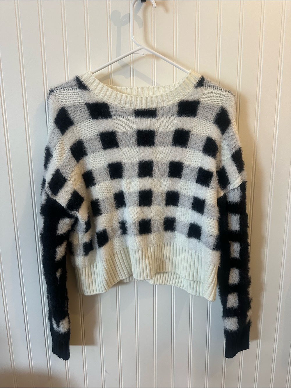 Cotton Emporium Black & Cream Checked Fuzzy Crewneck Sweater